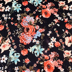 Black Floral Rayon Fabric - Vintage Style - Wild Garden Floral Fabric - Sold by yard