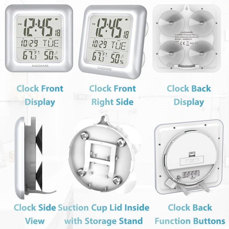 KADAMS Large Digital Bathroom Shower Wall Clock, Waterproof for Water