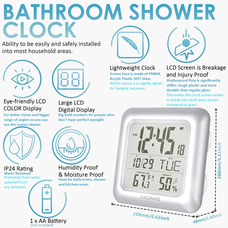 KADAMS Large Digital Bathroom Shower Wall Clock, Waterproof for Water