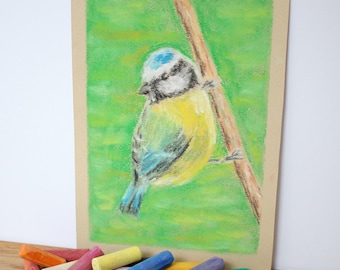 Original Vogel Gemälde – Pastell Zeichnung A5 – realistische Kunst – handgemaltes Vogelbild Blaumeise