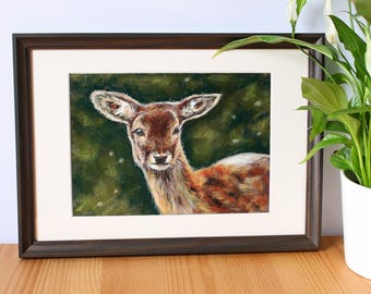 Original Tier Gemälde – Pastell Zeichnung 18 x 24 cm – handgemaltes Tierbild Reh