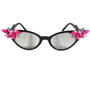 Vintage Vixen Readers black frames with neon pink rhinestones +.50 reading glasses