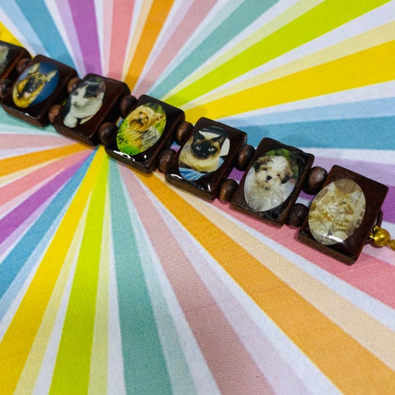 Cat kitty vintage wooden bracelet with cats and d… - image 3