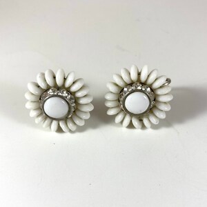 Stunning white beaded rhinestone flower earrings 1960&#39;s-mod earrings-mid century jewelry-clip-earrings