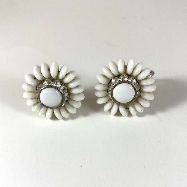 Stunning white beaded rhinestone flower earrings 1960's-mod earrings-mid century jewelry-clip-earrings