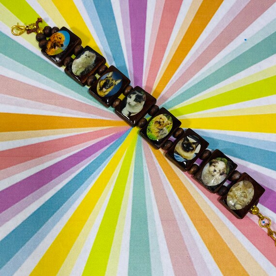 Cat kitty vintage wooden bracelet with cats and d… - image 4