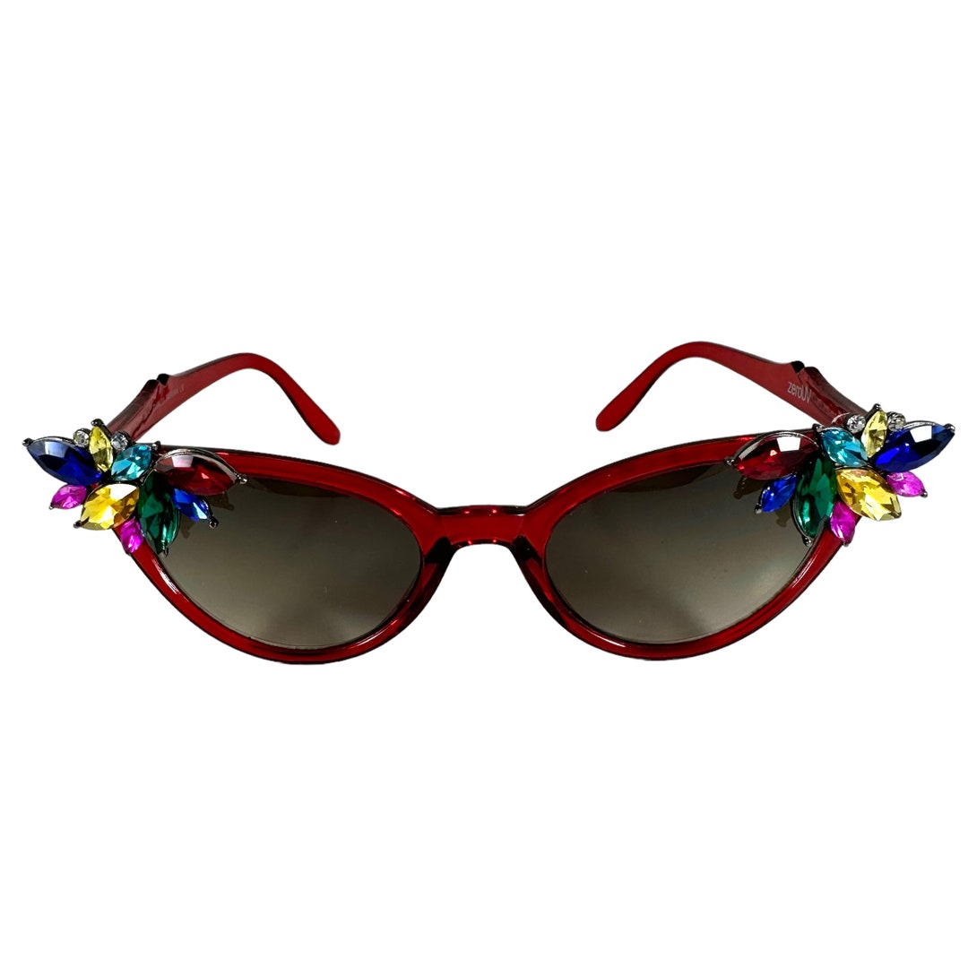 OOAK Vintage Vixen Hand Embellished Sunglasses Red Multi  display picture 3