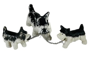 Little Scottie Dog Vintage figurines with 2 pups on leashes. Kitsch Porcelain