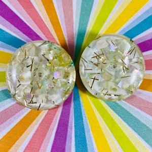 Vintage large lucite confetti button clip on earrings iridescent