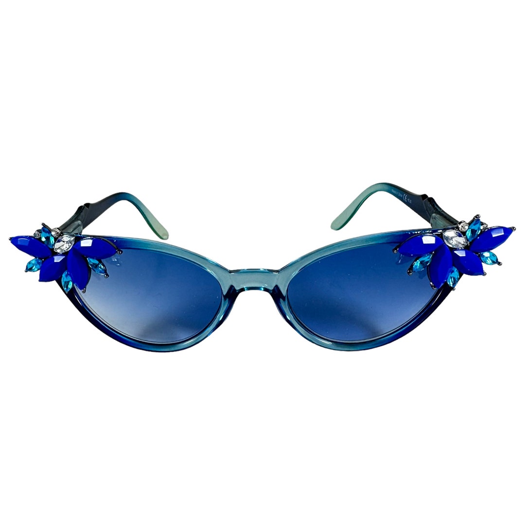 Vintage Vixen Rhinestone hand embellished sunglasses red ombre with green rhines Vintage Vixen Rhinestone Hand Embellished Sunglasses Blue  main image 4
