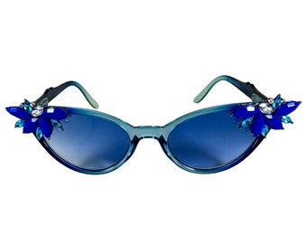 Vintage Vixen Rhinestone Hand Embellished Sunglasses Blue  display picture 1
