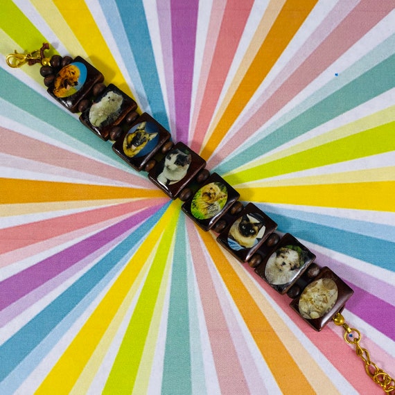 Cat kitty vintage wooden bracelet with cats and d… - image 1