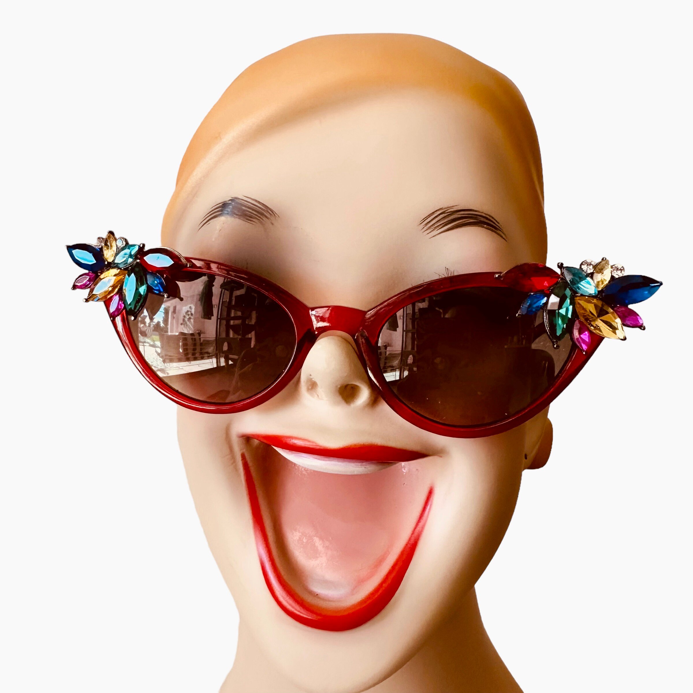 OOAK Vintage Vixen Hand Embellished Sunglasses Red Multi  display picture 2