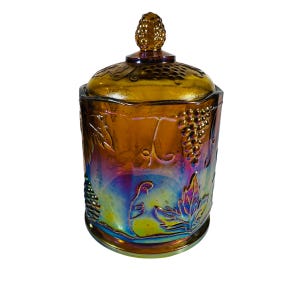 Indiana Glass Marigold Harvest Grape Carnival Glass Canister With Lid A87