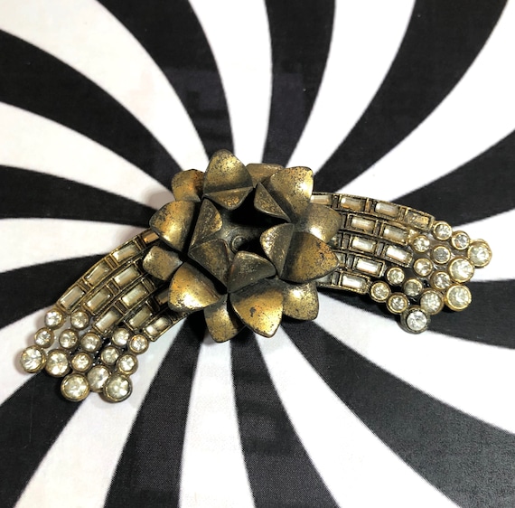 Vintage 80’s Bronze Brass flower spray rhinestones , … Gem