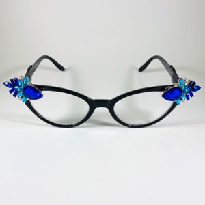 Retro-Leser glänzenden Jet-Rahmen mit hellen blauen und aqua Strasssteinen +.50 Lesebrille benutzerdefinierte Gläser