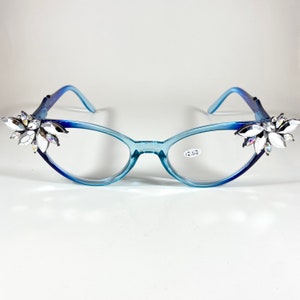 Retro Readers blaue Ombre Rahmen mit silbernen Strasssteinen + 2,50 Lesebrille individuelle Brille