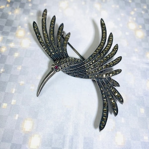 Stunning Vintage Sterling Silver Hummingbird pin with Ruby eye and Marcasite pave! Rare and beautiful