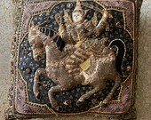 1950s Burmese Kalaga Tapestry Pillow Warrior on Horseback