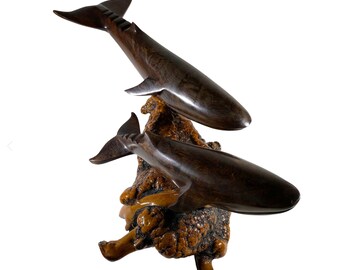 1970s Hand Carved and Polished Dark Brown Ironwood Burl 2 Whale Figurine