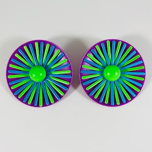 80s Neon Purple Green and Blue Circle Disc Daisy Starburst Clip Earrings 80s New Wave Rare