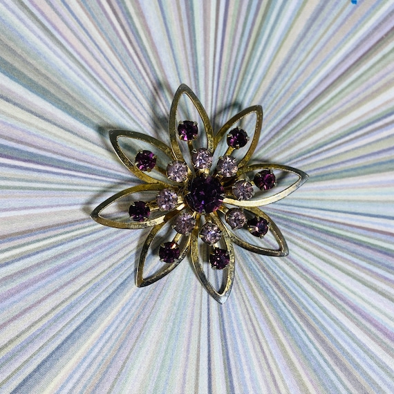 Vintage purple and Gold-Tone Atomic Starburst Pin… - image 1