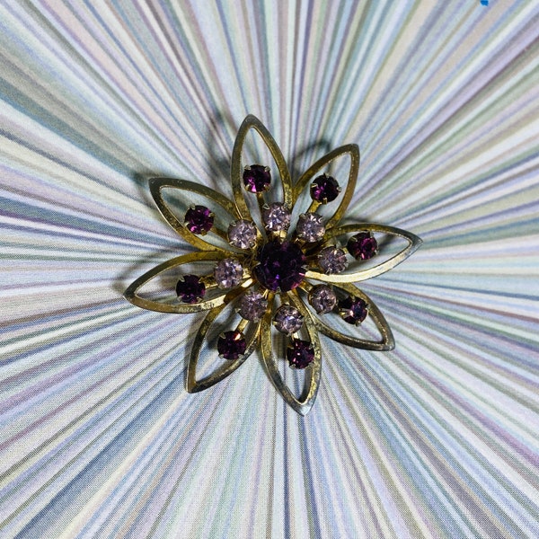 Vintage purple and Gold-Tone Atomic Starburst Pin , starburst brooch, rhinestone pin, flower pin, 1960's brooch, 1960's enamel flower