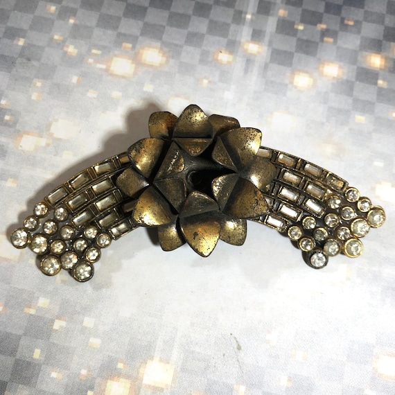 Vintage 80’s Bronze Brass flower spray rhinestones