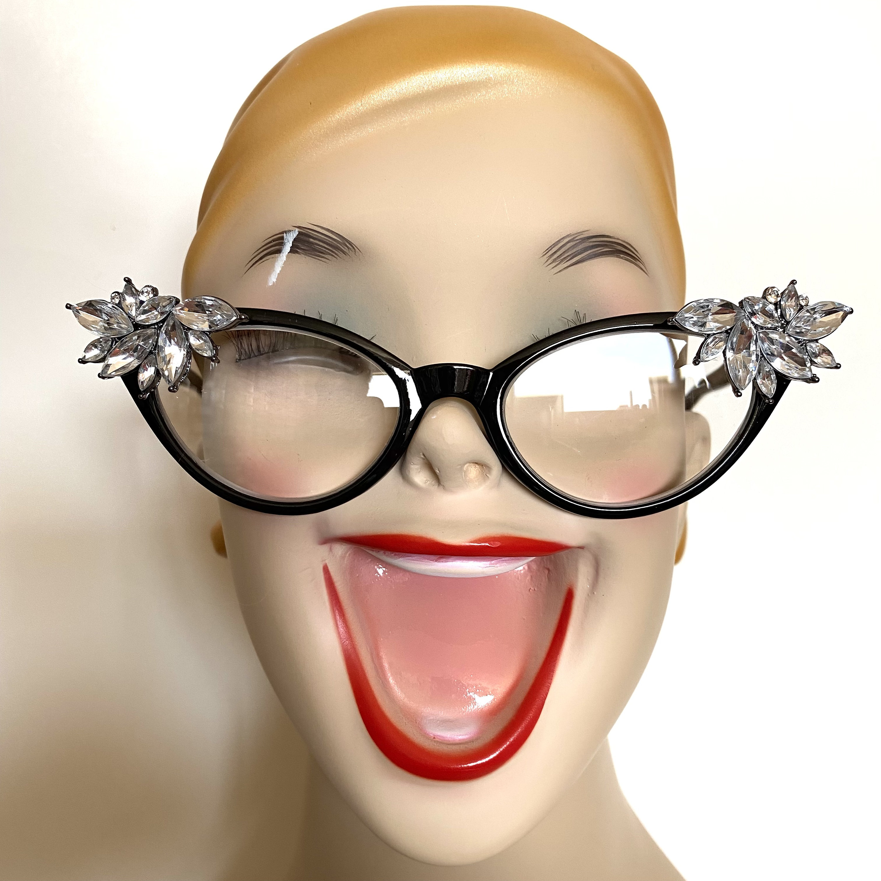 Retro Readers black frames with Clear Crystal rhinestones +2.25 reading glasses Retro Readers Black Frames With Clear Crystal Rhinestones +  main image 4
