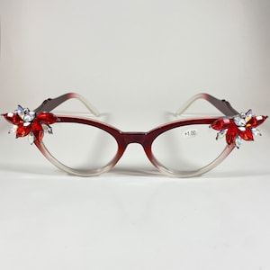 Vintage Vixen Readers deep red ombre Frames with red and clear rhinestones +1.00 reading glasses custom glasses