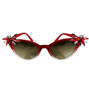 Vintage Vixen Rhinestone hand embellished sunglasses Red Ombre with red and white rhinestone accents pinup retro rockabilly