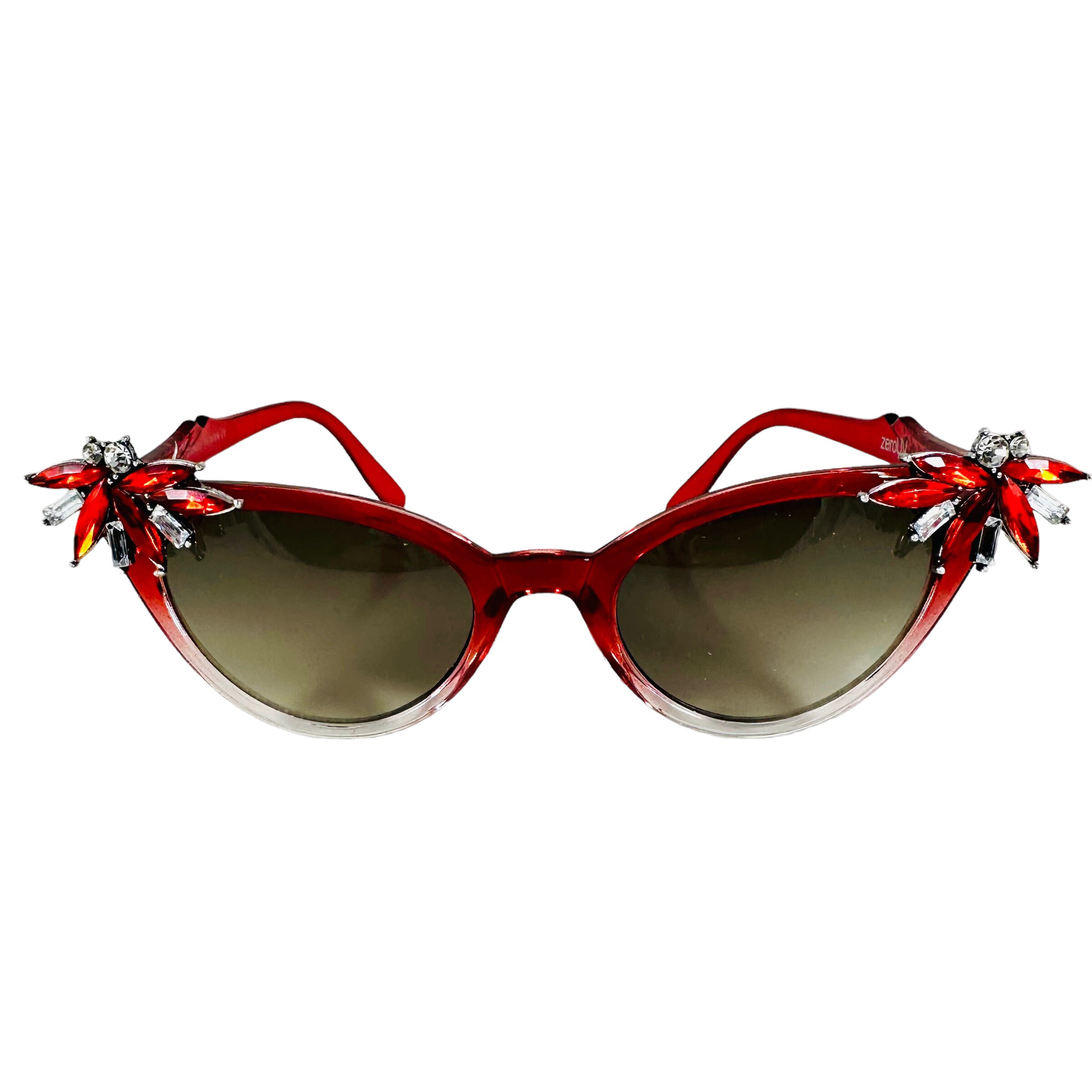 Vintage Vixen Rhinestone hand embellished sunglasses red ombre with green rhines Disco Heart Sunglasses. AB Silver Diamante Rhinestone Bling  main image 4