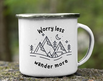 Camping Mug, Worry Less Wander More, Travel Gift, Adventure Mug, Enamel Mug, Mountain Theme Cup, Tent Cup, Meaningful Gifts For Him