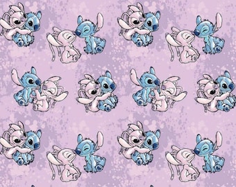 Lilo & Stitch And Angel Watercolor Disney Cotton Fabric by the 1/4