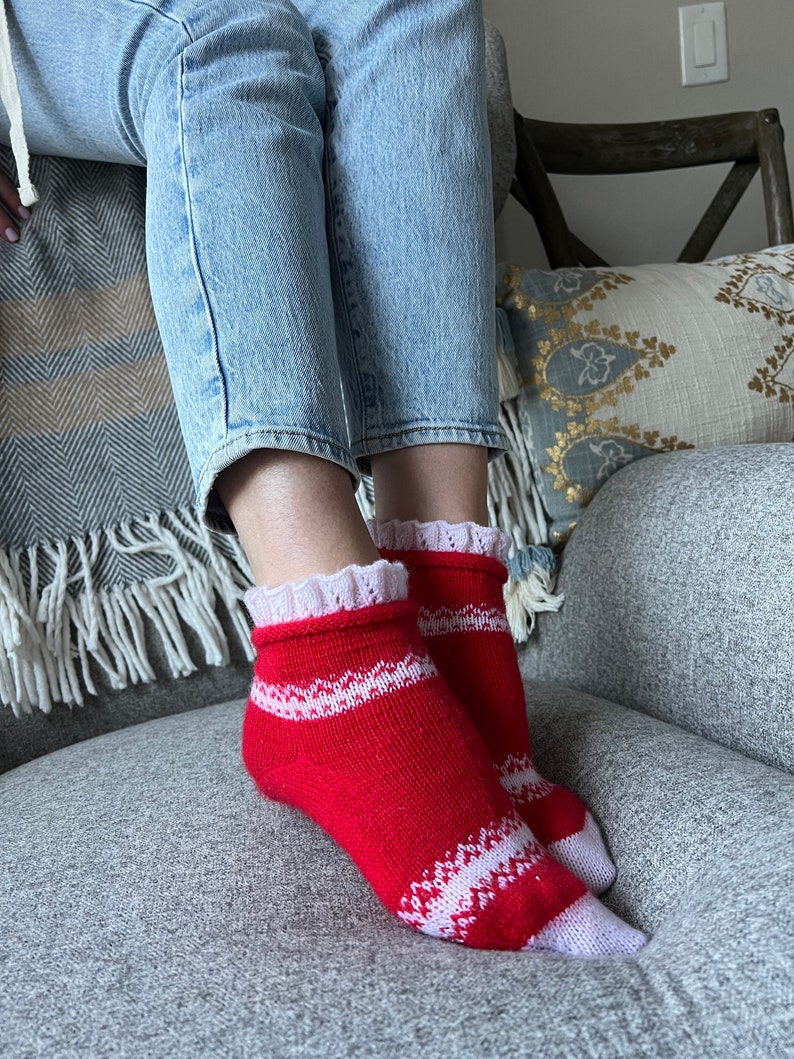 knitted wool white socks , bed socks, cozy home socks , self gifts , self care, red wool socks image 3
