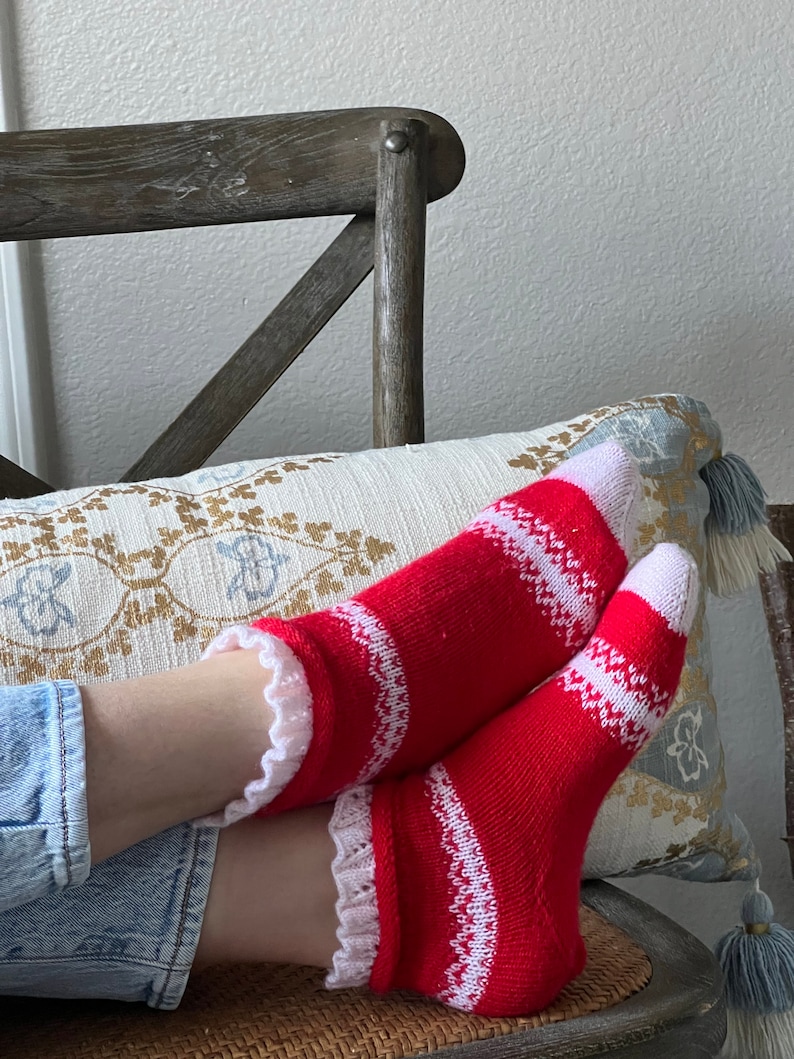 knitted wool white socks , bed socks, cozy home socks , self gifts , self care, red wool socks image 2