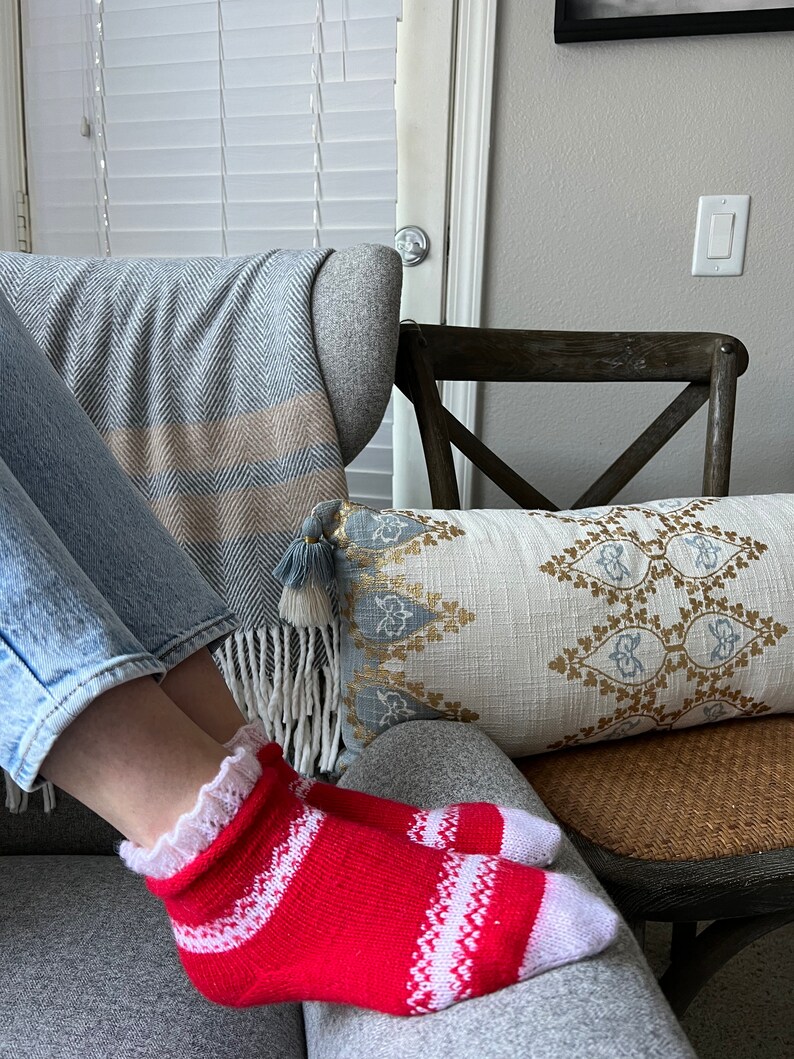knitted wool white socks , bed socks, cozy home socks , self gifts , self care, red wool socks image 7