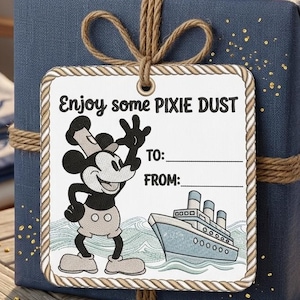 May include: A gift tag with a rope border and the text "Enjoy some PIXIE DUST". The tag features a cartoon of Mickey Mouse waving and a cruise ship. The tag is tied to a blue gift box with rope.