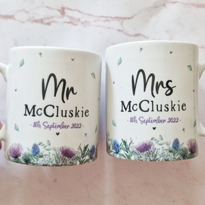 scottish wedding gift, mr and mrs gift, thistle wedding decor, bride and groom mugs, scottish mugs, wedding couple gift, purple wedding gift