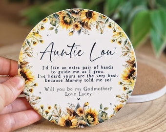 will you be my godmother gift,  personalised godparent proposal, sunflower coaster, godparent gift, godfather proposal, godparent keepsake