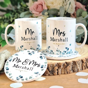 bride and groom mugs, mr and mrs wedding gifts, personalised wedding mugs, engagement gifts for couples, wedding gift for friends, mug set