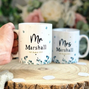 bride and groom mugs, mr and mrs wedding gifts, personalised wedding mugs, engagement gifts for couples, wedding gift for friends, mug set image 3