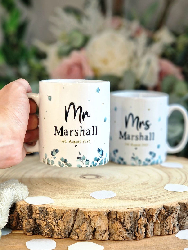 bride and groom mugs, mr and mrs wedding gifts, personalised wedding mugs, engagement gifts for couples, wedding gift for friends, mug set image 3