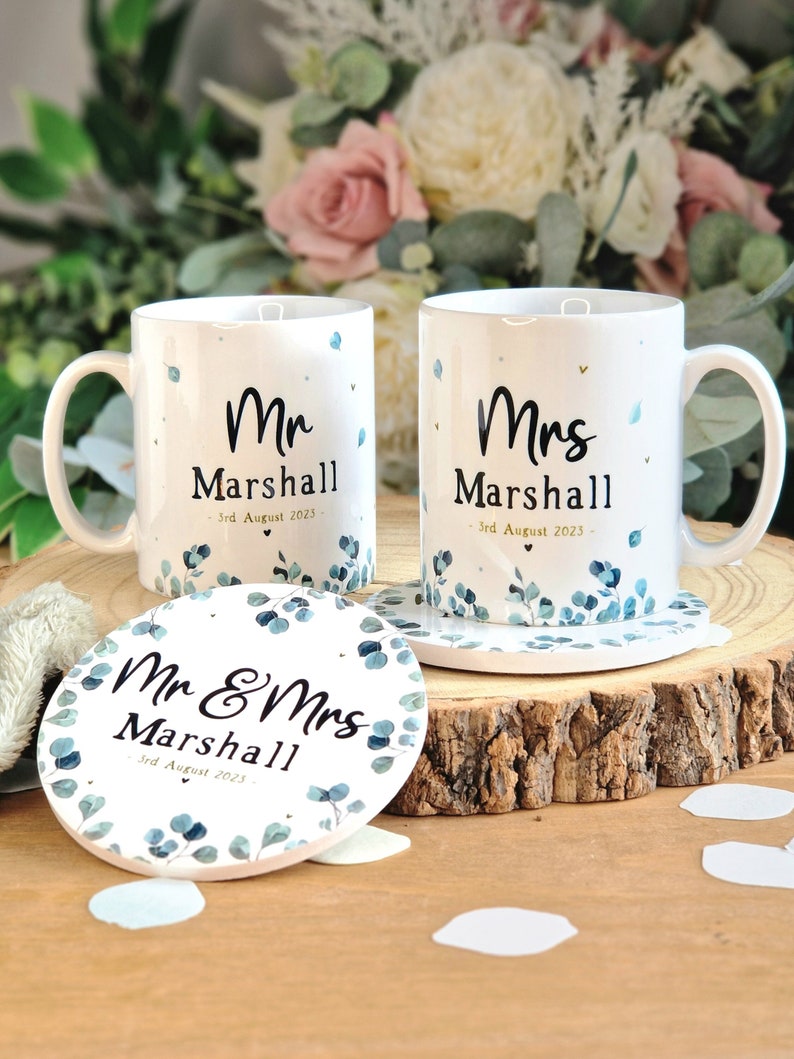 bride and groom mugs, mr and mrs wedding gifts, personalised wedding mugs, engagement gifts for couples, wedding gift for friends, mug set 2 x Mugs & Coasters