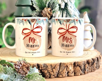 mr and mrs christmas mugs, his and hers christmas gift for couples, personalised christmas wedding mugs, hot chocolate mugs, our first xmas