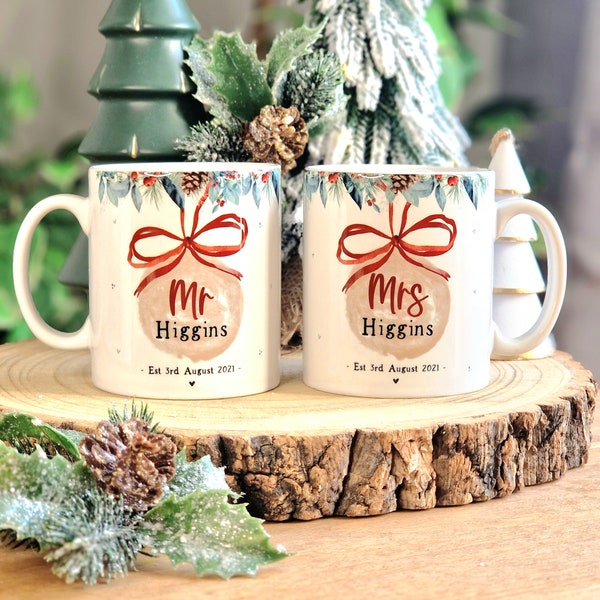 mr and mrs christmas mugs, his and hers christmas gift for couples, personalised christmas wedding mugs, hot chocolate mugs, our first xmas