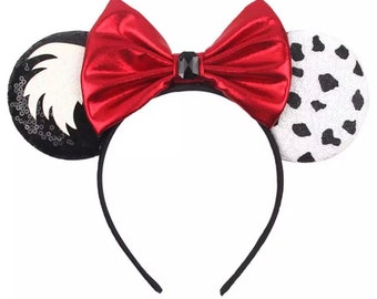 Disney Iconic Villainous  101 Dalmatian Minnie Inspired Mouse Ears Evil Queen  Maleficent  Cruella Devil Ears Disney Headband