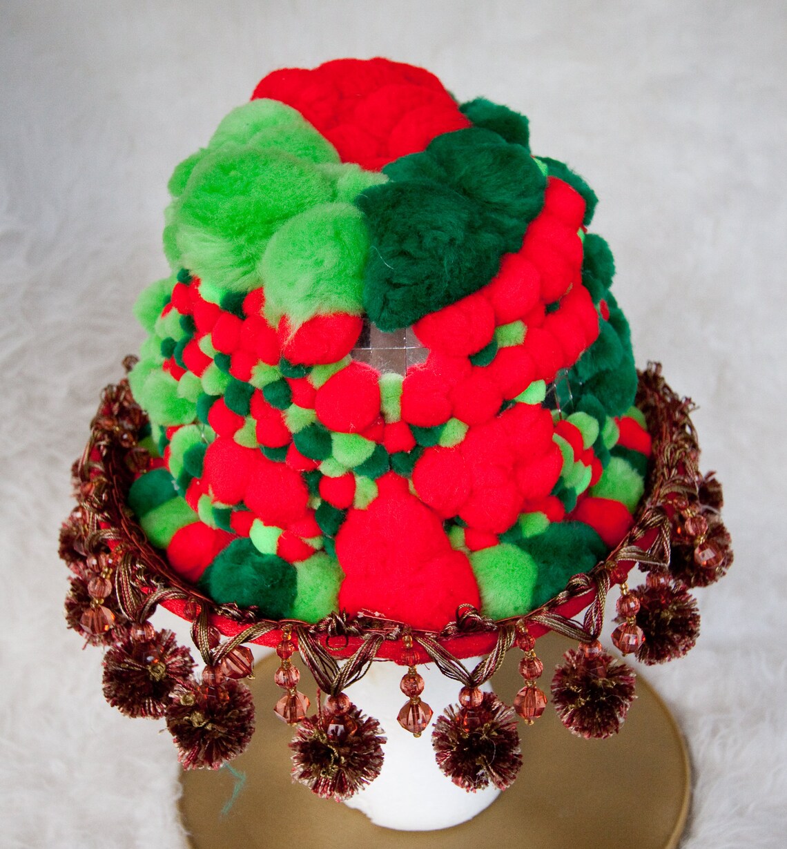 Dark, Light Green and Red Fedora Festival Hat/ With Big Red Pom Pom