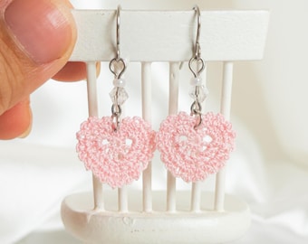 MICRO Crochet Lightweight HEART Earrings - Valentine's Day Gift - Dainty Crochet Accessories - Boho Earrings - Handmade Minimalist Jewelry
