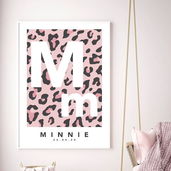 Leopard Print Initial, Personalised Leopard Print, Children's Leopard Nursery Print, Pink Retro Print, Cheetah Poster